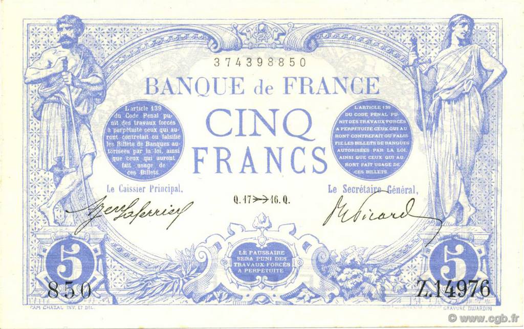 5 Francs BLEU FRANKREICH  1916 F.02.45 ST
