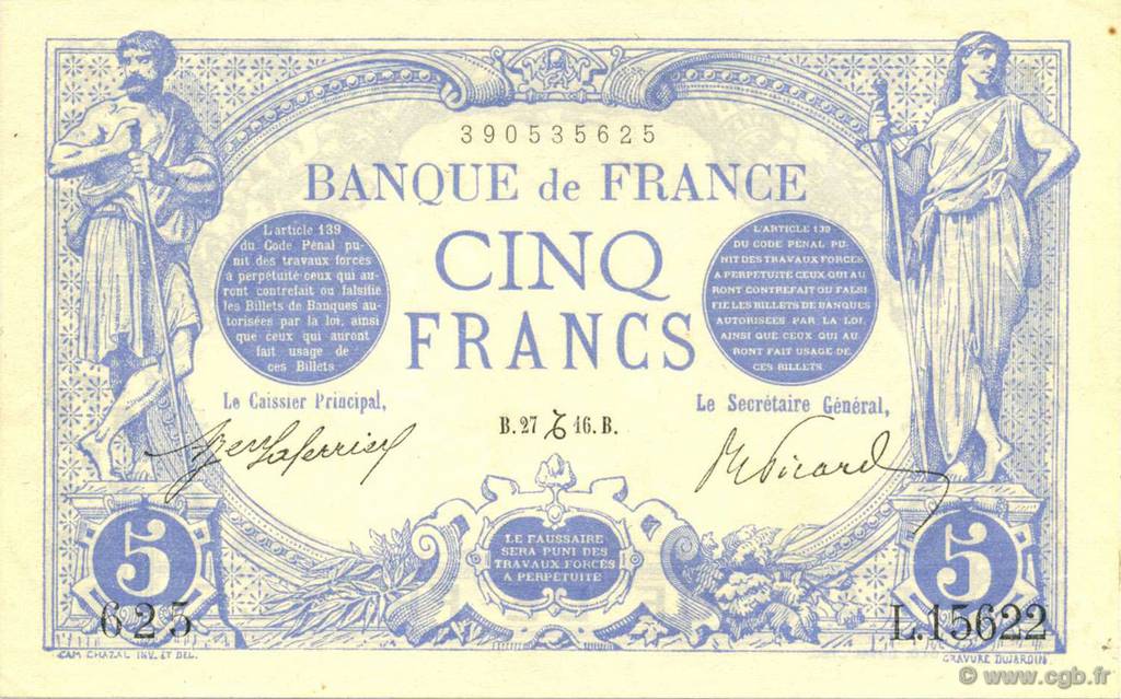 5 Francs BLEU FRANCIA  1916 F.02.46 q.AU