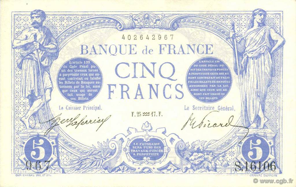 5 Francs BLEU FRANCE  1917 F.02.47 UNC-