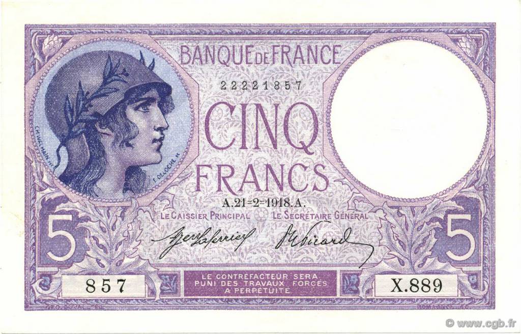 5 Francs FEMME CASQUÉE FRANCE  1918 F.03.02 UNC-