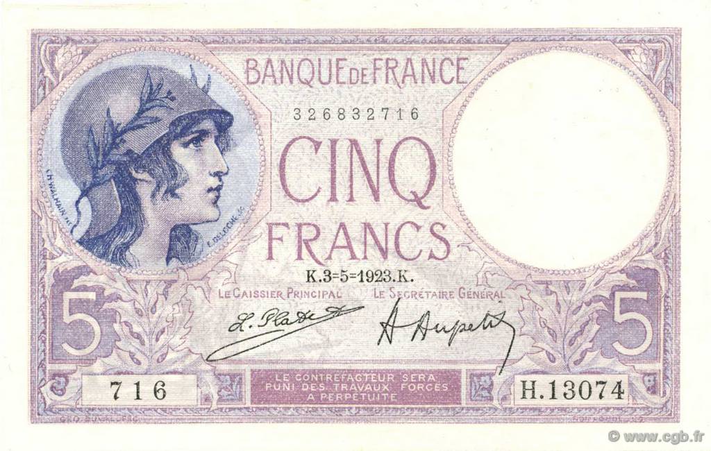5 Francs FEMME CASQUÉE FRANCIA  1923 F.03.07 q.FDC