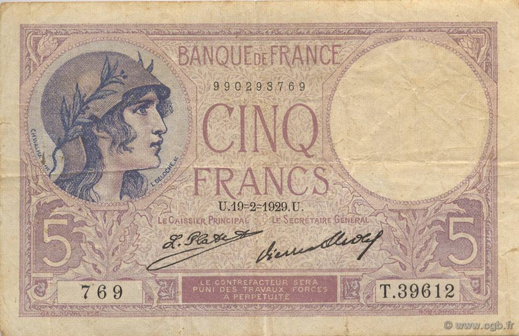 5 Francs FEMME CASQUÉE FRANCE  1929 F.03.13 F+
