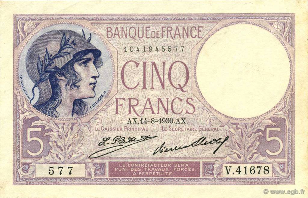 5 Francs FEMME CASQUÉE FRANCIA  1930 F.03.14 AU+