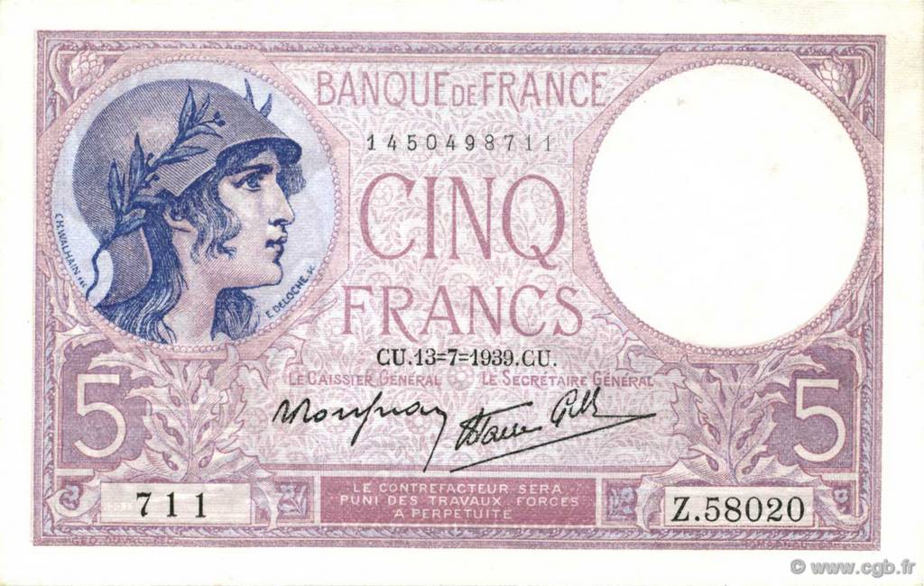 5 Francs FEMME CASQUÉE modifié FRANCIA  1939 F.04.01 SC+