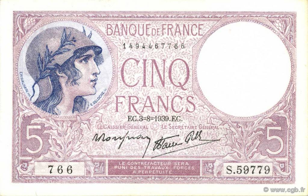 5 Francs FEMME CASQUÉE modifié FRANKREICH  1939 F.04.04 ST