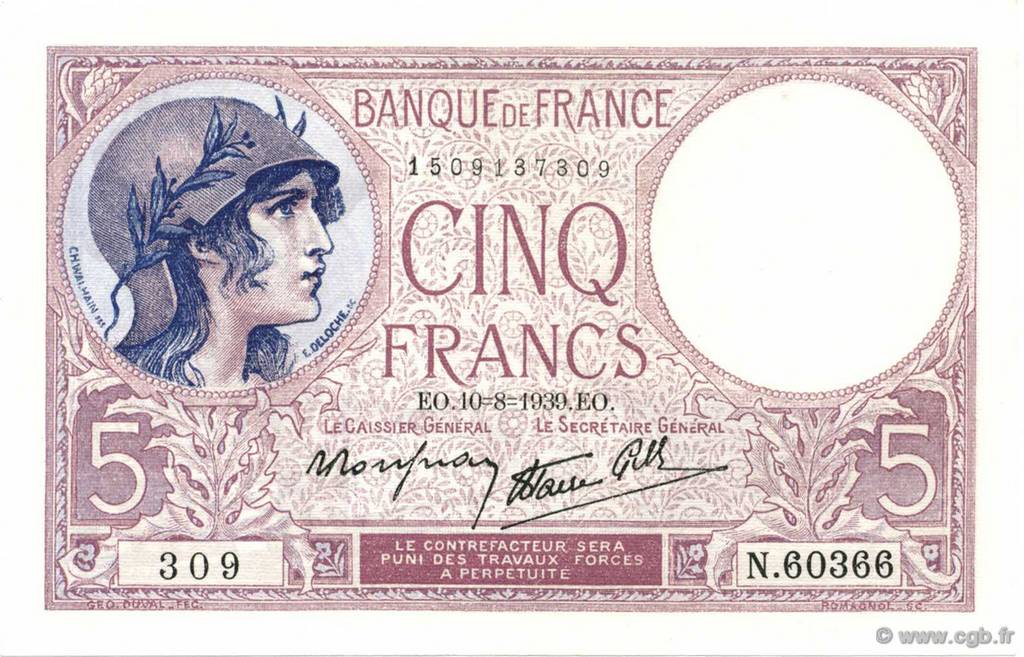 5 Francs FEMME CASQUÉE modifié FRANKREICH  1939 F.04.05 ST