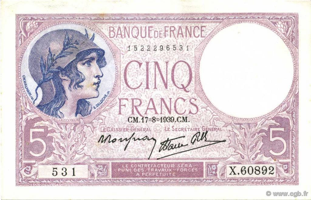 5 Francs FEMME CASQUÉE modifié FRANCIA  1939 F.04.06 SC