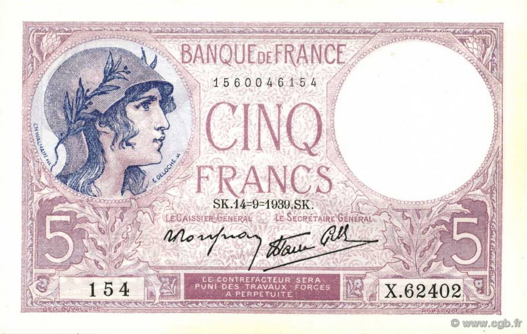 5 Francs FEMME CASQUÉE modifié FRANCE  1939 F.04.08 UNC