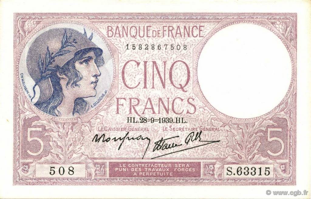 5 Francs FEMME CASQUÉE modifié FRANCE  1939 F.04.10 UNC-