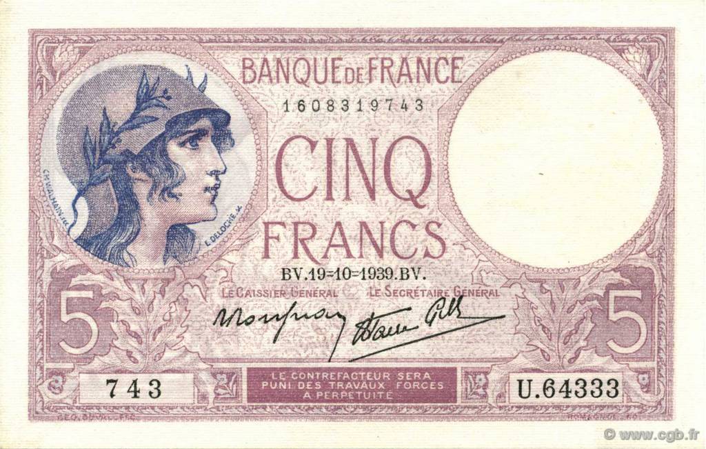 5 Francs FEMME CASQUÉE modifié FRANKREICH  1939 F.04.12 ST