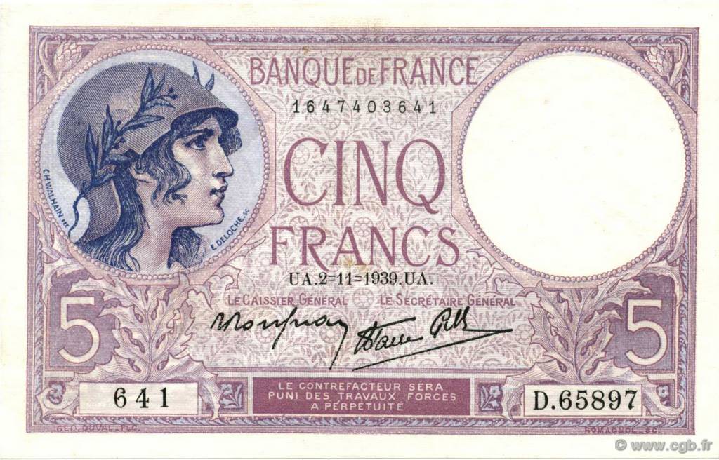 5 Francs FEMME CASQUÉE modifié FRANCIA  1939 F.04.14 SC+