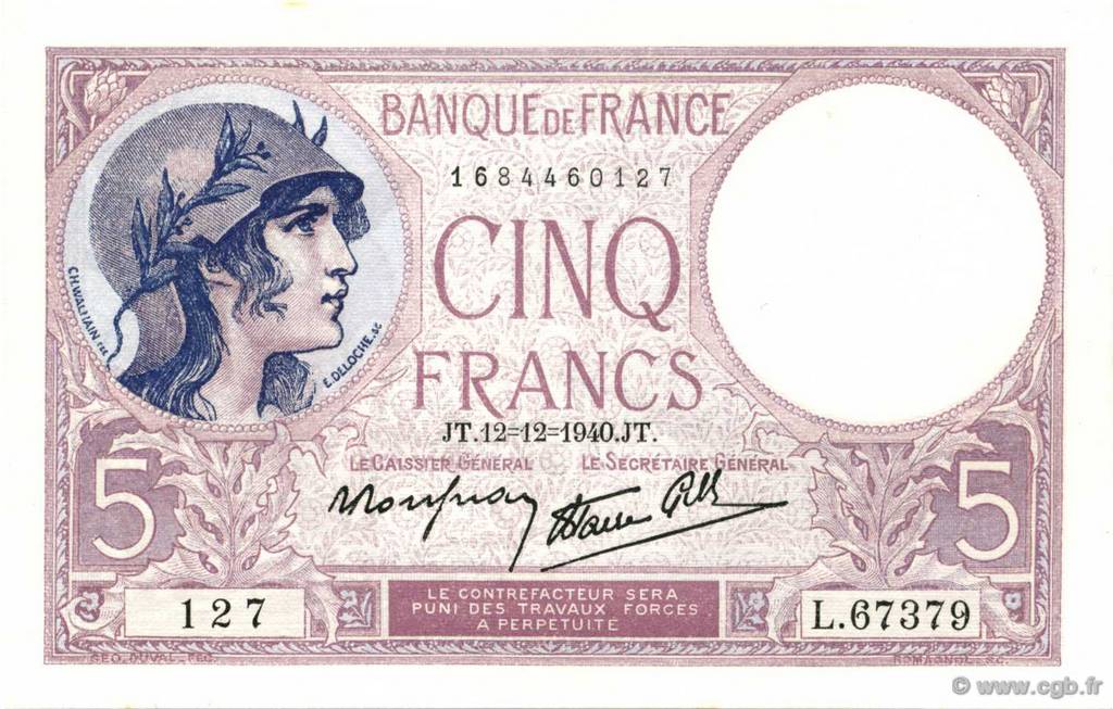 5 Francs FEMME CASQUÉE modifié FRANKREICH  1940 F.04.17 ST
