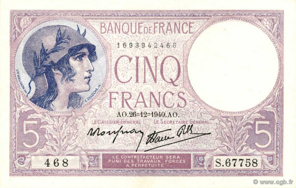 5 Francs FEMME CASQUÉE modifié FRANKREICH  1940 F.04.18 ST
