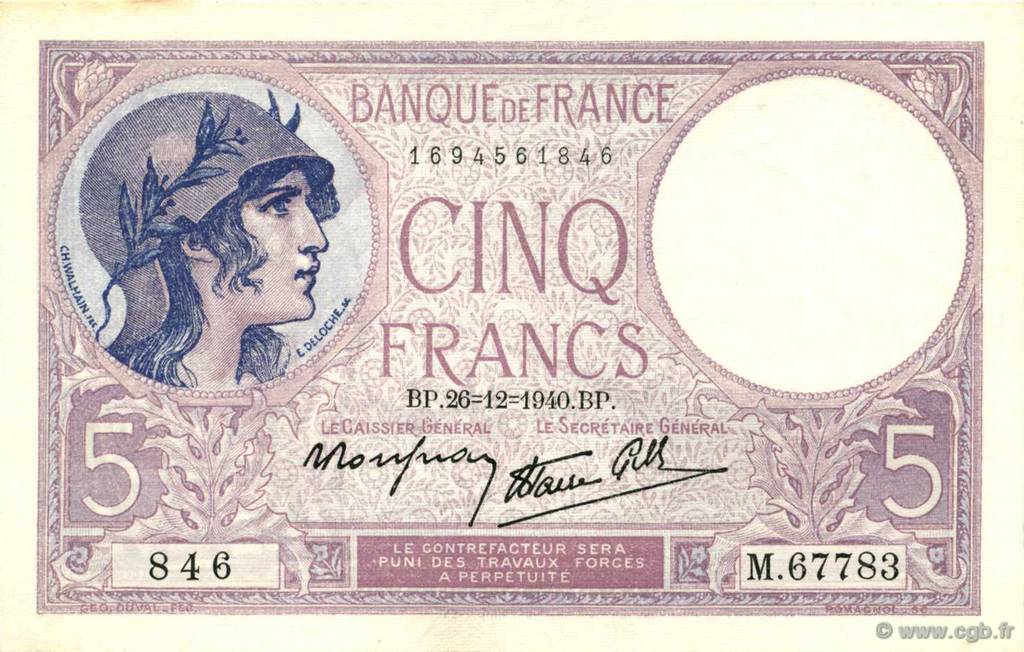 5 Francs FEMME CASQUÉE modifié FRANCE  1940 F.04.18 UNC-
