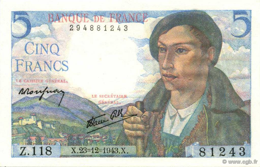 5 Francs BERGER FRANCE  1943 F.05.05 UNC-