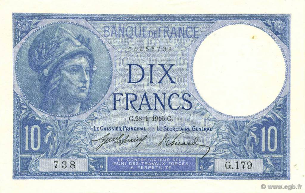 10 Francs MINERVE FRANCE  1916 F.06.01 AU-