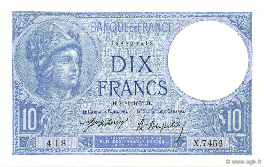 10 Francs MINERVE FRANCE  1921 F.06.05 AU-