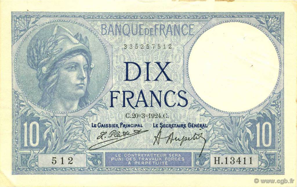 10 Francs MINERVE FRANKREICH  1924 F.06.08 VZ