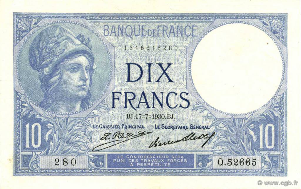 10 Francs MINERVE FRANKREICH  1930 F.06.14 fST+