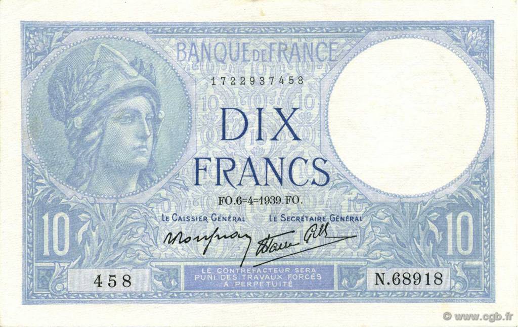 10 Francs MINERVE modifié FRANCE  1939 F.07.02 XF+