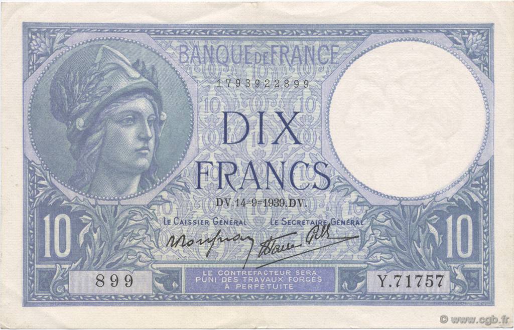 10 Francs MINERVE modifié FRANCE  1939 F.07.07 XF+