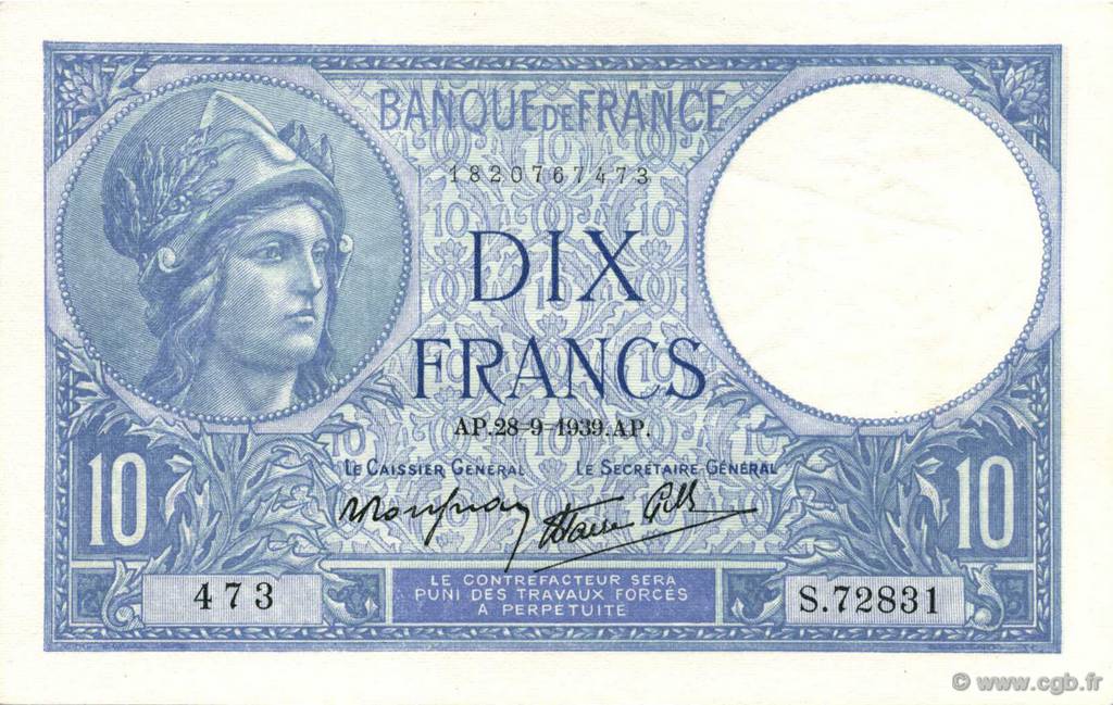 10 Francs MINERVE modifié FRANCIA  1939 F.07.09 AU