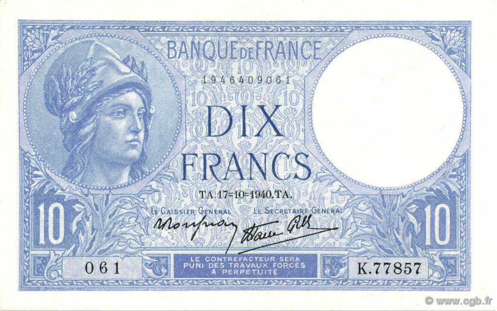 10 Francs MINERVE modifié FRANCIA  1940 F.07.17 q.FDC