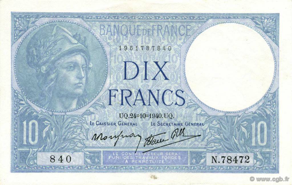 10 Francs MINERVE modifié FRANCE  1940 F.07.18 UNC-