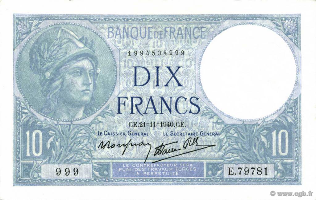 10 Francs MINERVE modifié Numéro spécial FRANCE  1940 F.07.21 SPL