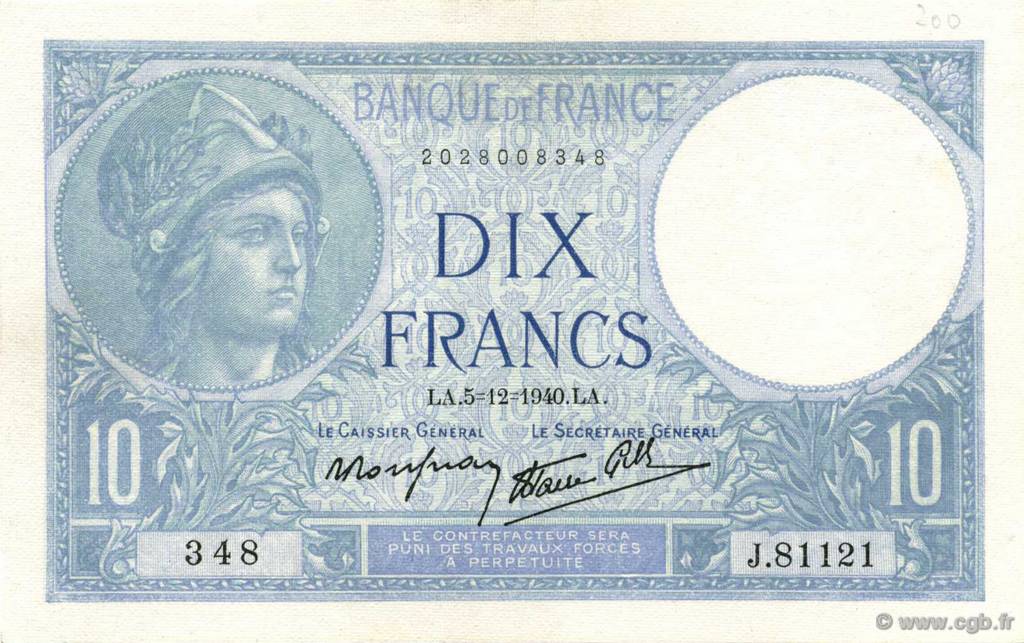 10 Francs MINERVE modifié FRANCIA  1940 F.07.23 AU+