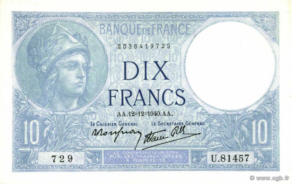 10 Francs MINERVE modifié FRANCE  1940 F.07.24 AU