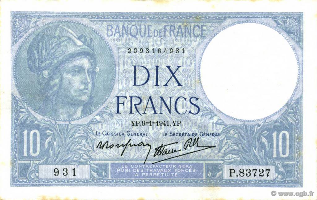 10 Francs MINERVE modifié FRANCIA  1941 F.07.27 EBC