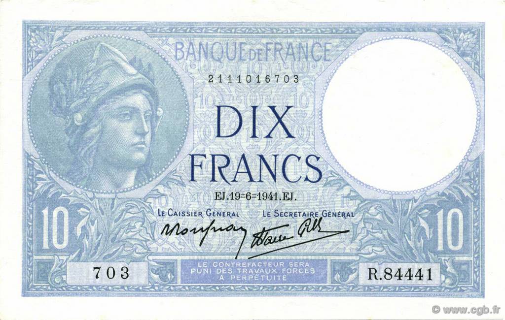 10 Francs MINERVE modifié FRANCE  1941 F.07.29 AU