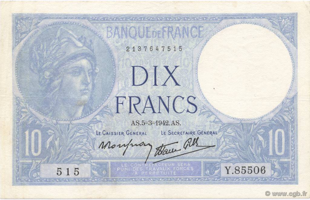 10 Francs MINERVE modifié FRANCE  1942 F.07.31 XF-
