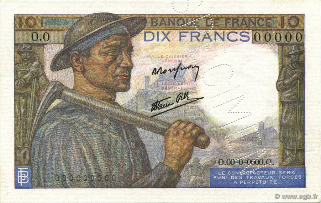 10 Francs MINEUR FRANCE  1941 F.08.01Sp2 AU+