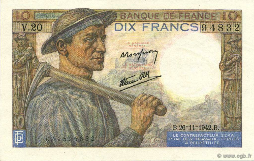 10 Francs MINEUR FRANCE  1942 F.08.06 AU+