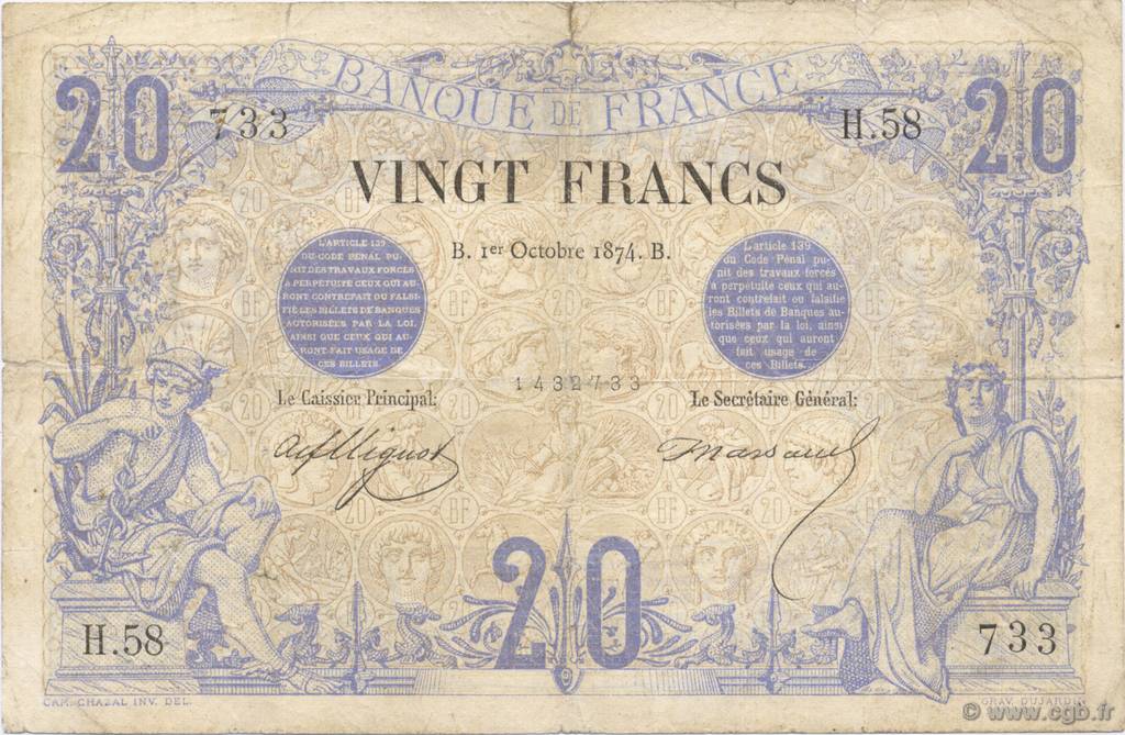 20 Francs NOIR FRANCE  1874 F.09.01 B+