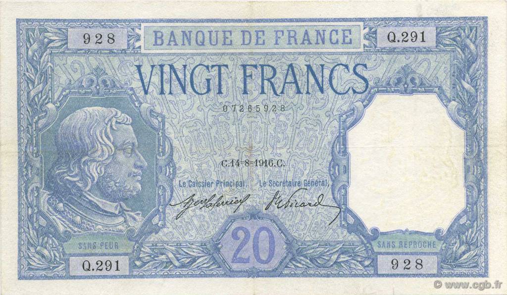 20 Francs BAYARD FRANKREICH  1916 F.11.01 SS to VZ