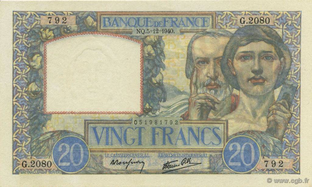 20 Francs TRAVAIL ET SCIENCE FRANCIA  1940 F.12.10 FDC