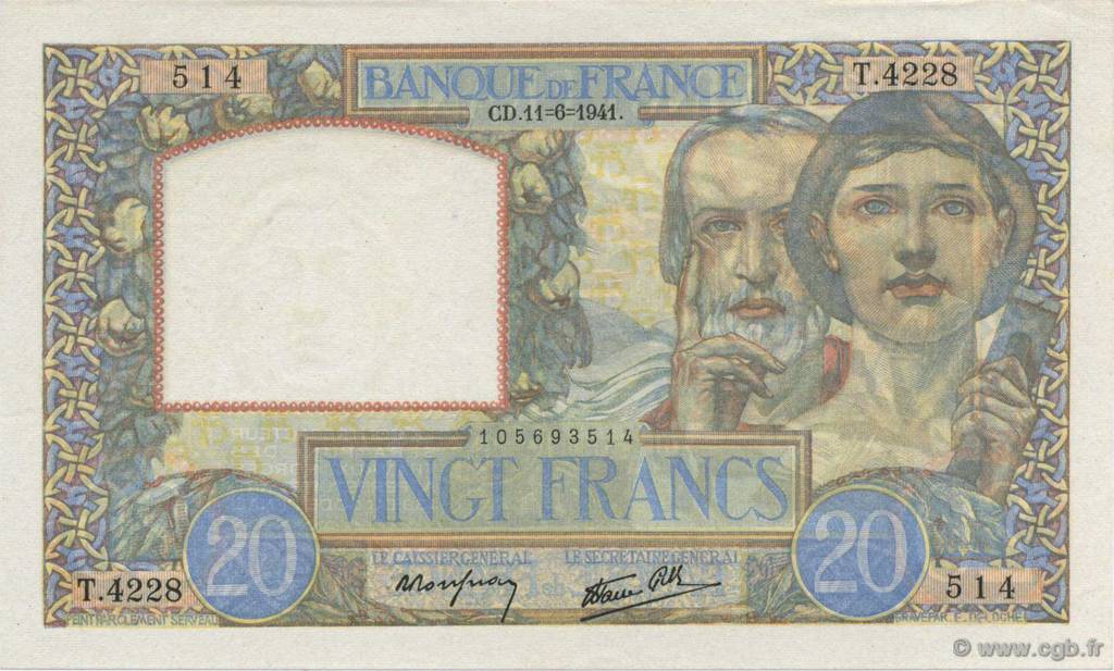 20 Francs TRAVAIL ET SCIENCE FRANCE  1941 F.12.15 AU+