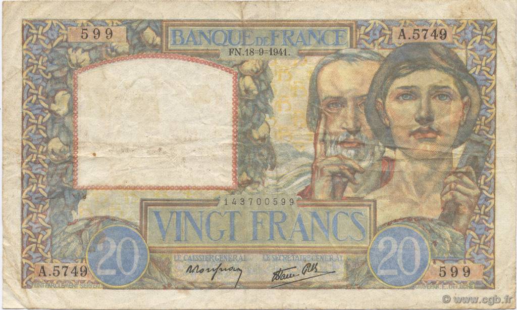 20 Francs TRAVAIL ET SCIENCE FRANKREICH  1941 F.12.18 S to SS