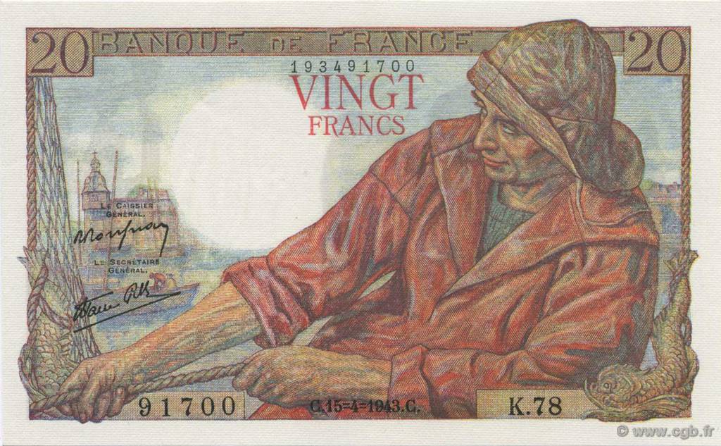 20 Francs PÊCHEUR FRANCIA  1943 F.13.06 q.FDC