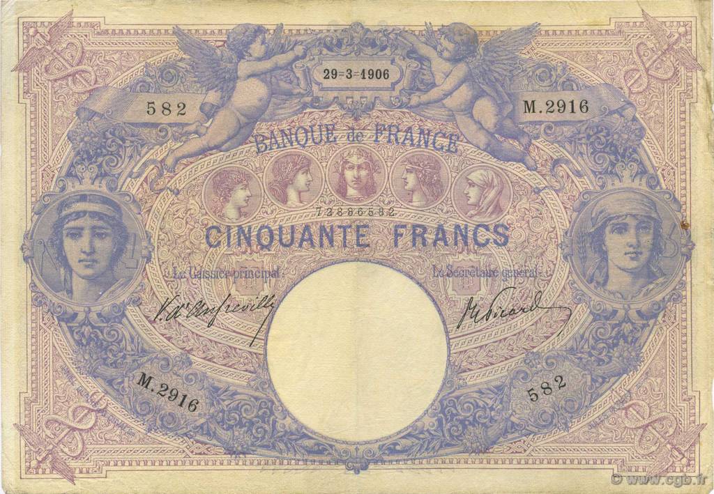 50 Francs BLEU ET ROSE FRANCE  1906 F.14.18 VF-