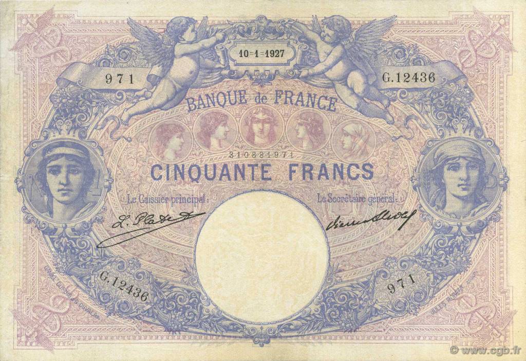 50 Francs BLEU ET ROSE FRANCE  1927 F.14.40 VF-
