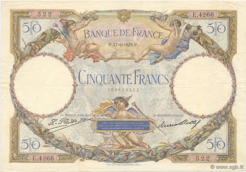 50 Francs LUC OLIVIER MERSON FRANKREICH  1929 F.15.03 SS