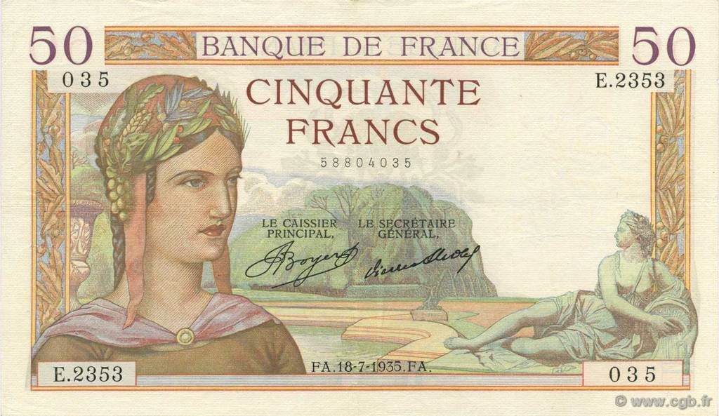 50 Francs CÉRÈS FRANKREICH  1935 F.17.13 SS to VZ