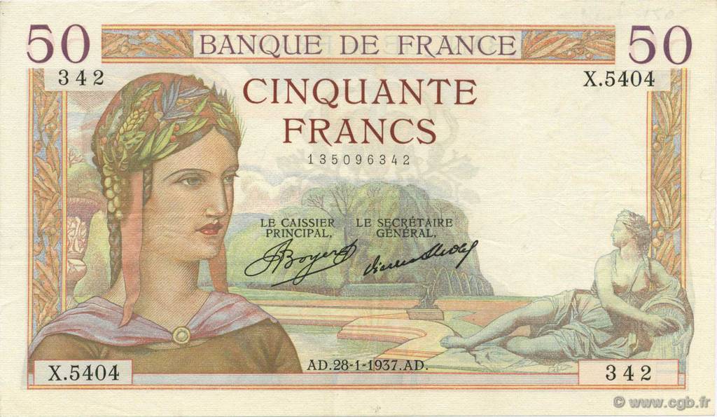 50 Francs CÉRÈS FRANCIA  1937 F.17.33 MBC+