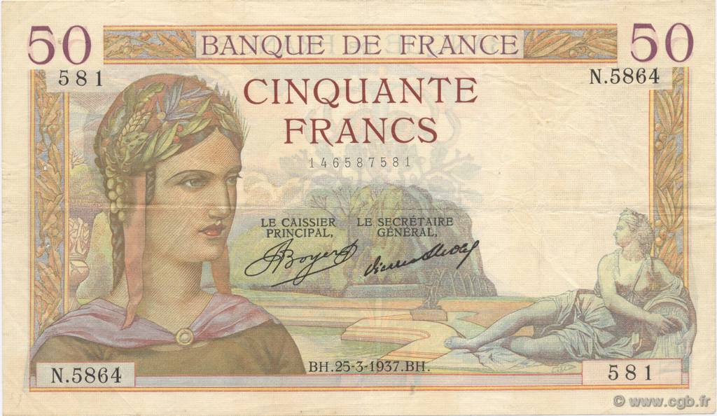 50 Francs CÉRÈS FRANKREICH  1937 F.17.36 SS