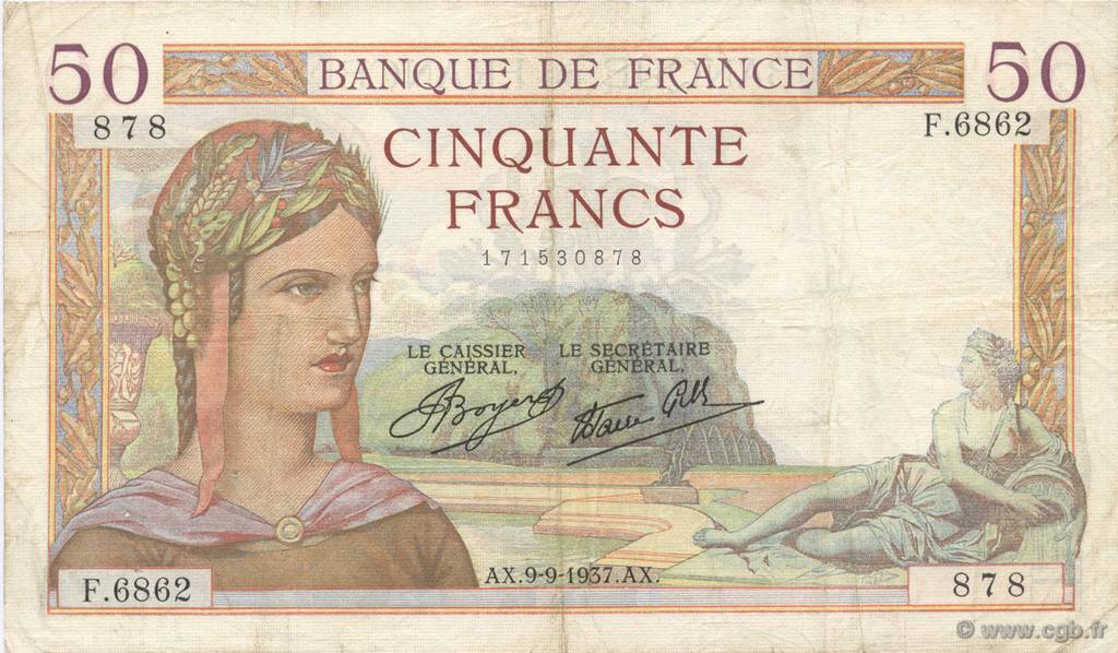 50 Francs CÉRÈS modifié FRANCE  1937 F.18.03 VF-