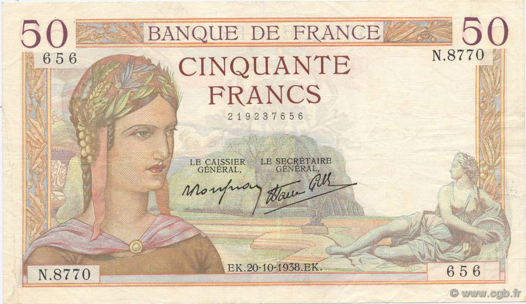 50 Francs CÉRÈS modifié FRANCE  1938 F.18.16 VF+